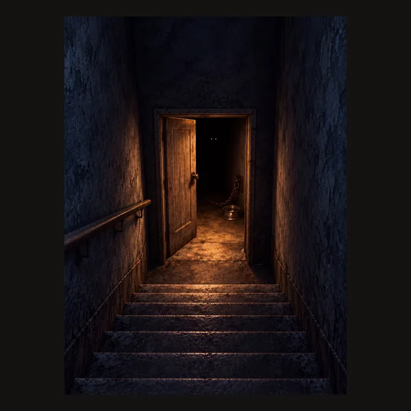Basement stairs, a bowl and a chain.